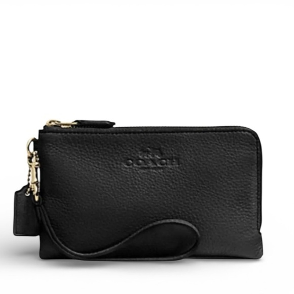 COACH double zipper black pebbled leather wristlet clutch bag f64130